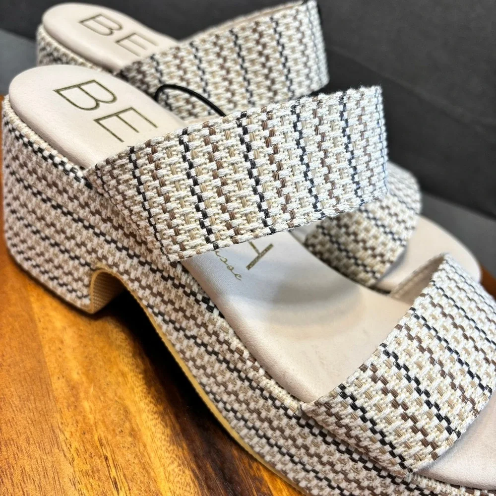 Y2K style Platform, Beach, Woven Raffia Platform Sandals Tan Cream, Women's 11M